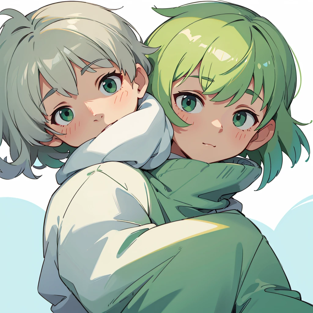 Soft boy with twenty years old,white shortcut hair,green sleepy eyes ,soft smile,sweatshirt