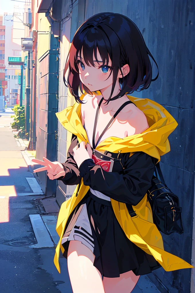 anime character Sukeban delinquent girl  standing on a city street corner in black seifuku with black very long skirt, anime style. 8k, anime style mixed with fujifilm, retro anime girl, anime styled digital art, in tokyo, anime style illustration, anime style 4 k, anime style artwork, anime poster film still portrait, tokyo anime scene, modern anime style, anime style digital art, short hair, 26year old, red converse,