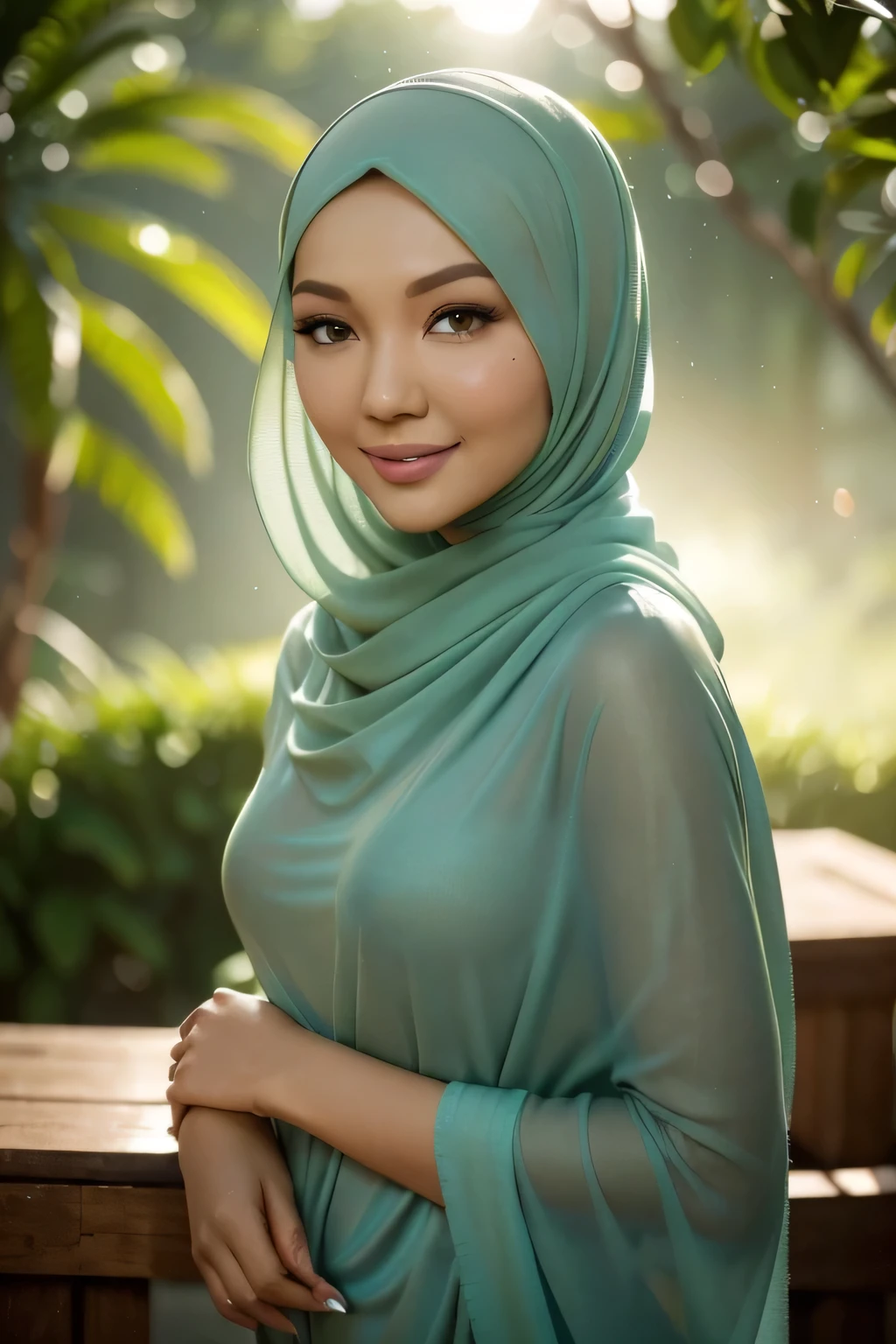 night scene, close up photo of a sexy naked malay girl with hijab (neelofa:1.4), 1 mole below eyes, posing, look at a camera and smile, green pastel hijab, (green eyes:0.8), cute young face, 18 yo, soft volumetric lights, (backlit:1.3), (cinematic:1.3), intricate details, (ArtStation:1.2)