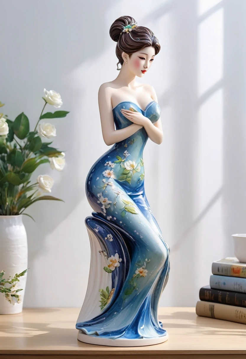 Magazine cover(masterpiece, best quality:1.2) ceramics娃娃，Sexy Art Statue，3D Sculpture，ceramics，Perfect body，Watercolor pattern， （8k）