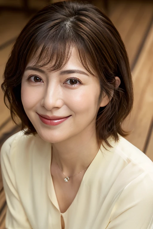 8k, highest quality, masterpiece, Realistic, Photorealistic, Very detailed, Natural light, , Detailed open neckline sweater, I can see her cleavage, 1 Japanese female, 40 years old, Slightly brown-haired, short hair, , Long knit in white、V-neck shirt, (Leaning forward to look into the camera on the floor), Detailed bending forward, A refreshing smile, Friendly smile, Happy emotion smiley face, Very detailedな顔と肌, Very detailedな目, Very detailedな顔と肌, Very detailedな笑顔,