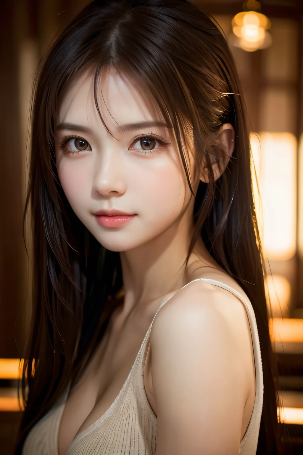 face focus, Portrait, best quality, super fine, 16k, beautiful cute woman, captivating look, aroused expression, background simple with warm atmosphere