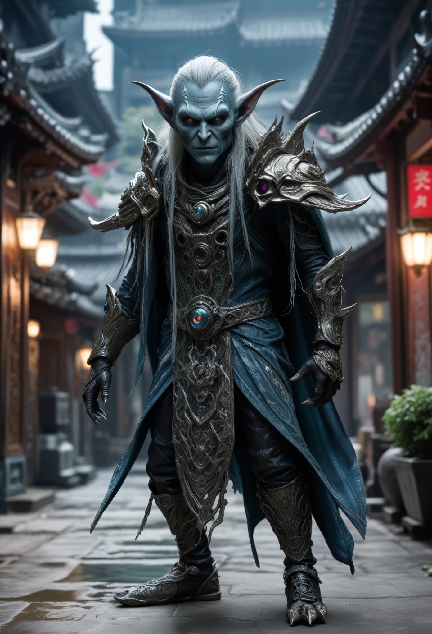 evil ghost,Euchlorine Malekith goblin,anti-hero,jealous,another world,dead city,future,ring of truth,urban,extremely detailed,intricate detailed,hyper realism,dramatic light,close full body shot, full body length shot,masterpiece,intricate details,faded,eyes extremely detailed, high detailed eyes,4k resolution,RAW, Nikon Z9,back view,full body length,Zhangjiajie National Forest Park of China
