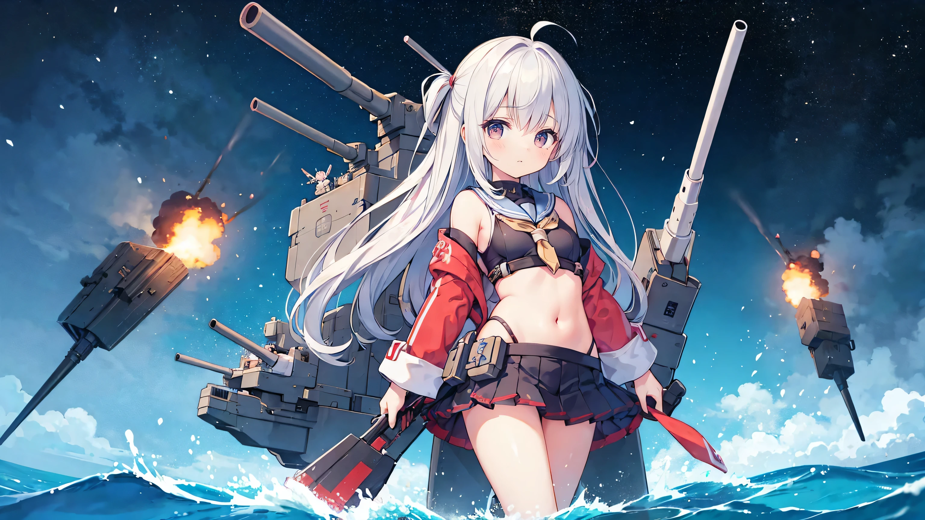 Very cute battleship girl、3 people、Weapon equipment、All missiles fired、