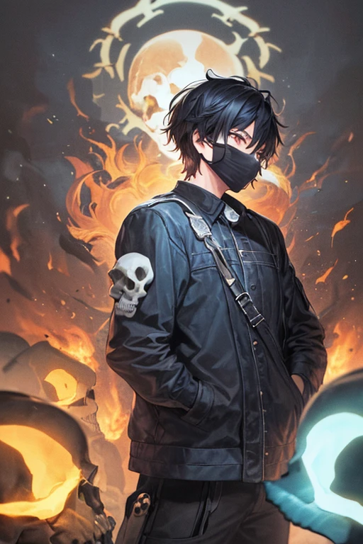 ((1guy)), perfect face, , black hair, short hair, brown eyes, blue flames, ((dark background)), ((facing forward)), cowboy shot, ((skull mask)), in the center, (()), ((standing)), ((hands in pockets)), ((perfect hands, correct number of fingers)), ((modern urban clothes)),