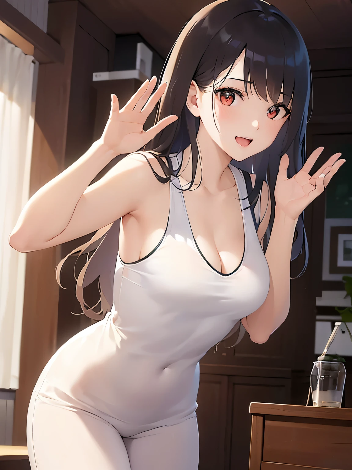 leaning forward, side angle, Biologically correct five fingers、waving hand、Cleavage、Upper Body, Realistic, real person, (pale skin: 1.2), RAW photo, photorealistic, shiny skin, shiny hair、(A 25-year-old woman with medium-length hair and bangs) and (wavy hair) and (brown hair) and (orange eyes) , Wearing a white tank top 、smile, open mouth, The background is the living room、Alone、Are standing