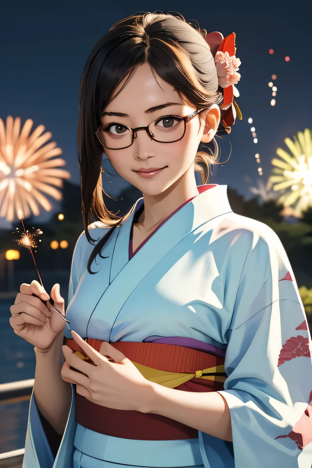 (masterpiece, highest quality), One Girl,  Satou, Satou, Glasses, Glasses with red frames, Yukata, Satou, Glasses, Glasses with red frames, kimono,Fireworks,