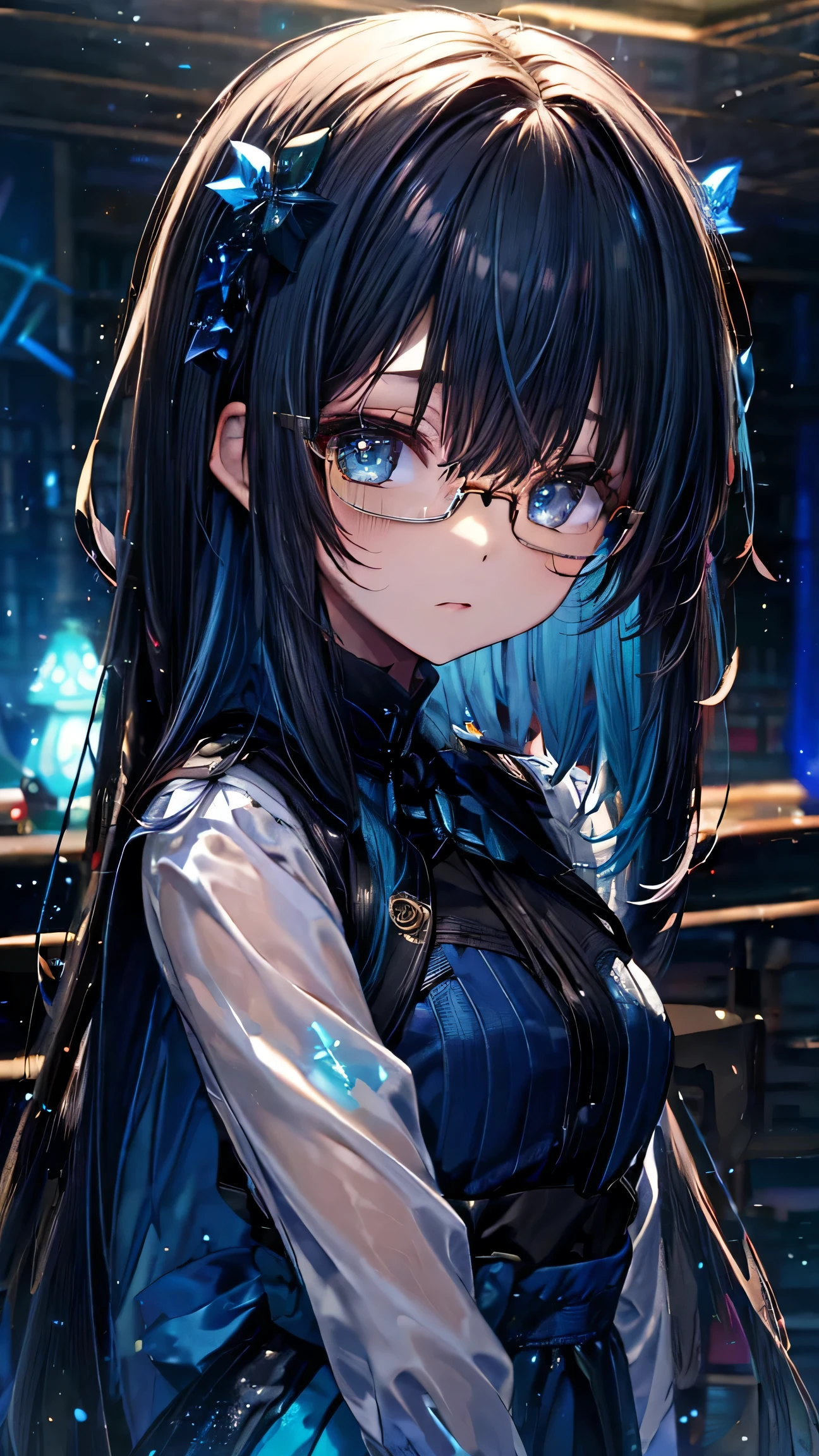 Luminescent blue、BlackLuminescent blue、、((((Dark blue straight hair))))、Cute Desai&#39;s spectacles、uniform、(Background Library)、(((Library Committee Member)))Glasses available