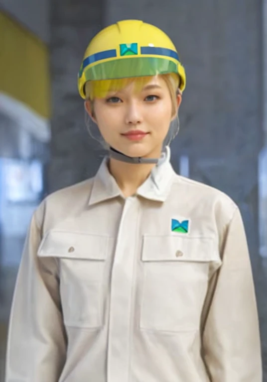 Beige workwear,Helmet with chin strap,Blonde Bob,Japanese women