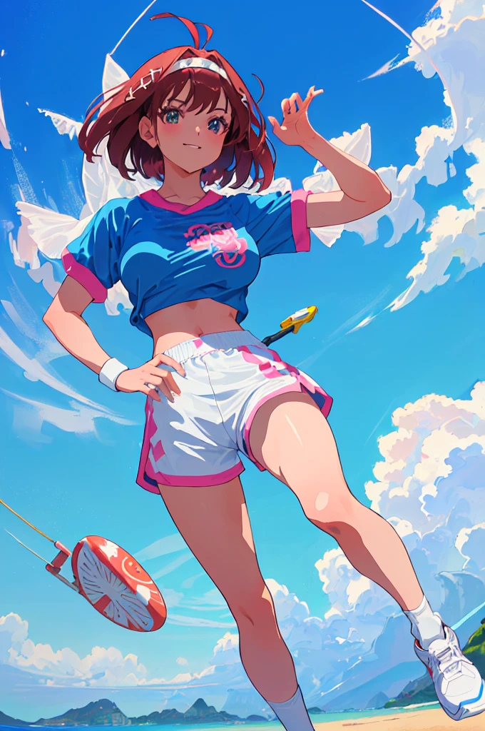 imagined a girl in extreme sport outfit playing to a flying disc game in a beach arena game sport, masterpiece, ultra-detailed, 80's anime (style), 2D, megapixel, perfectionism, full HD , 4K, (windjammers), windjammers sport game, windjammers 2 (((((solo mature anime woman,)))))++++++++++++++++++, looking at viewer, full body, brown hair and pink hair, short hair, weird hair, smile, lips, eyelashes, medium breasts, gym uniform, uniform, gym shorts, headband, sports bra, elbow pad, knee pad, extreme sports outfit 80's theme, beach background, playing flying disc game on a beach court game, sea, sun in the sky, sports wear