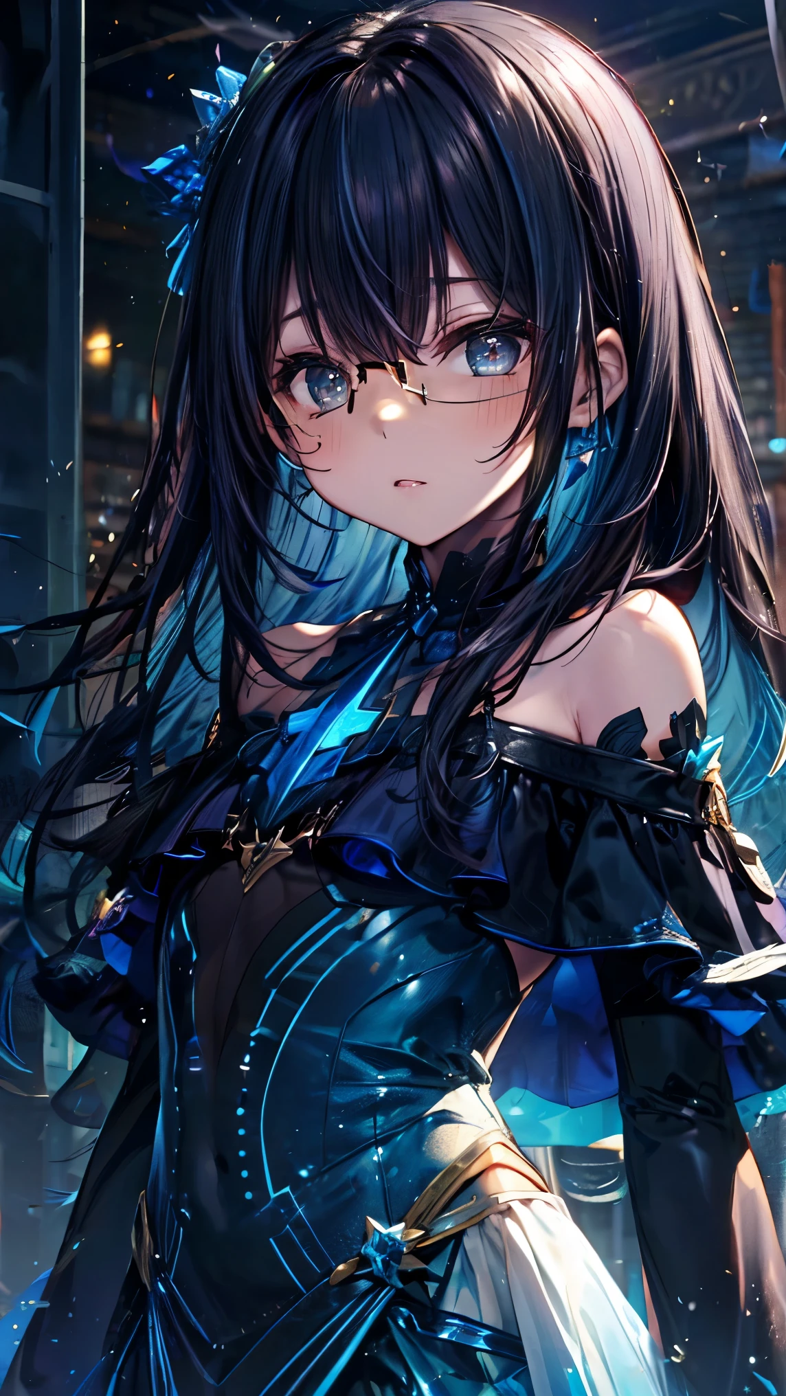 Luminescent blue、黒Luminescent blue、、((((Dark blue straight hair))))、Cute Desai&#39;s spectacles、uniform、(Background Library)、(((Library Committee Member)))Glasses available