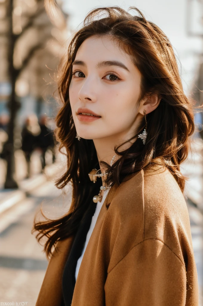 (masterpiece, top quality, best quality,8k, girl,ultra detailed,raw photo:1.5),(photorealistic:1.4),(cinematic lighting), PerfectNwsjMajic, , Surrealism, UHD, ccurate, Super detail, textured skin, High detail, Best quality, dynamic angle, (high nose,White skin),[Beautiful eyes],[flat chest:large breasts:0.5],(1girl),(good anatomy:0.5)), jewelry, necklace, realistic, brown hair, blurry background, blurran,paris,fashion,peoples in background, winter coat,dynamic pose, motion blur,Warm sun：1.7,Winter,snow,