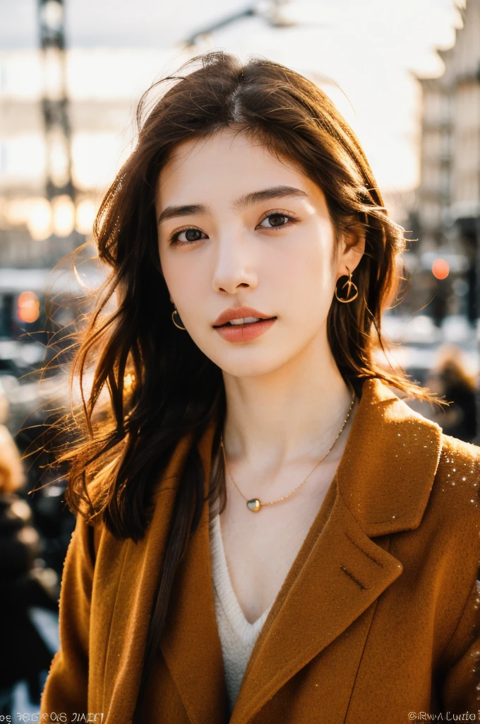 (masterpiece, top quality, best quality,8k,17 years old girl,ultra detailed,raw photo:1.5),(photorealistic:1.4),(cinematic lighting), PerfectNwsjMajic, , Surrealism, UHD, ccurate, Super detail, textured skin, High detail, Best quality, dynamic angle, (high nose,White skin),[Beautiful eyes],[flat chest:large breasts:0.5],(1girl),(good anatomy:0.5)), jewelry, necklace, realistic, brown hair, blurry background, blurran,paris,fashion,peoples in background, winter coat,dynamic pose, motion blur,Warm sun：1.7,Winter,snow,