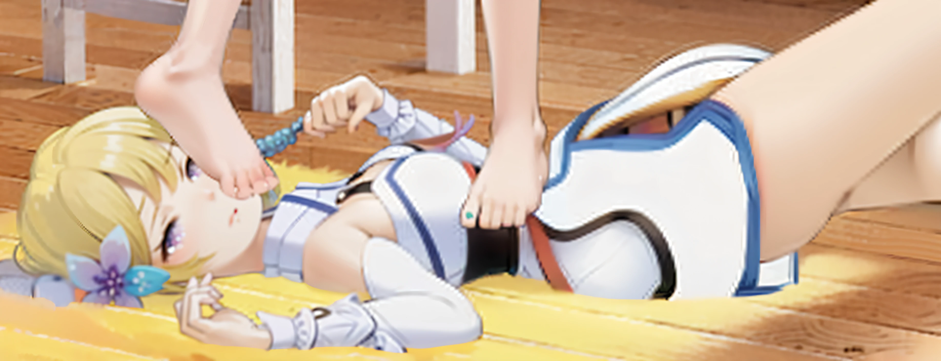 1girl, stepping on person, foot on face, trample, humilliation, lumine, blonde, purple flower on hair, crying,