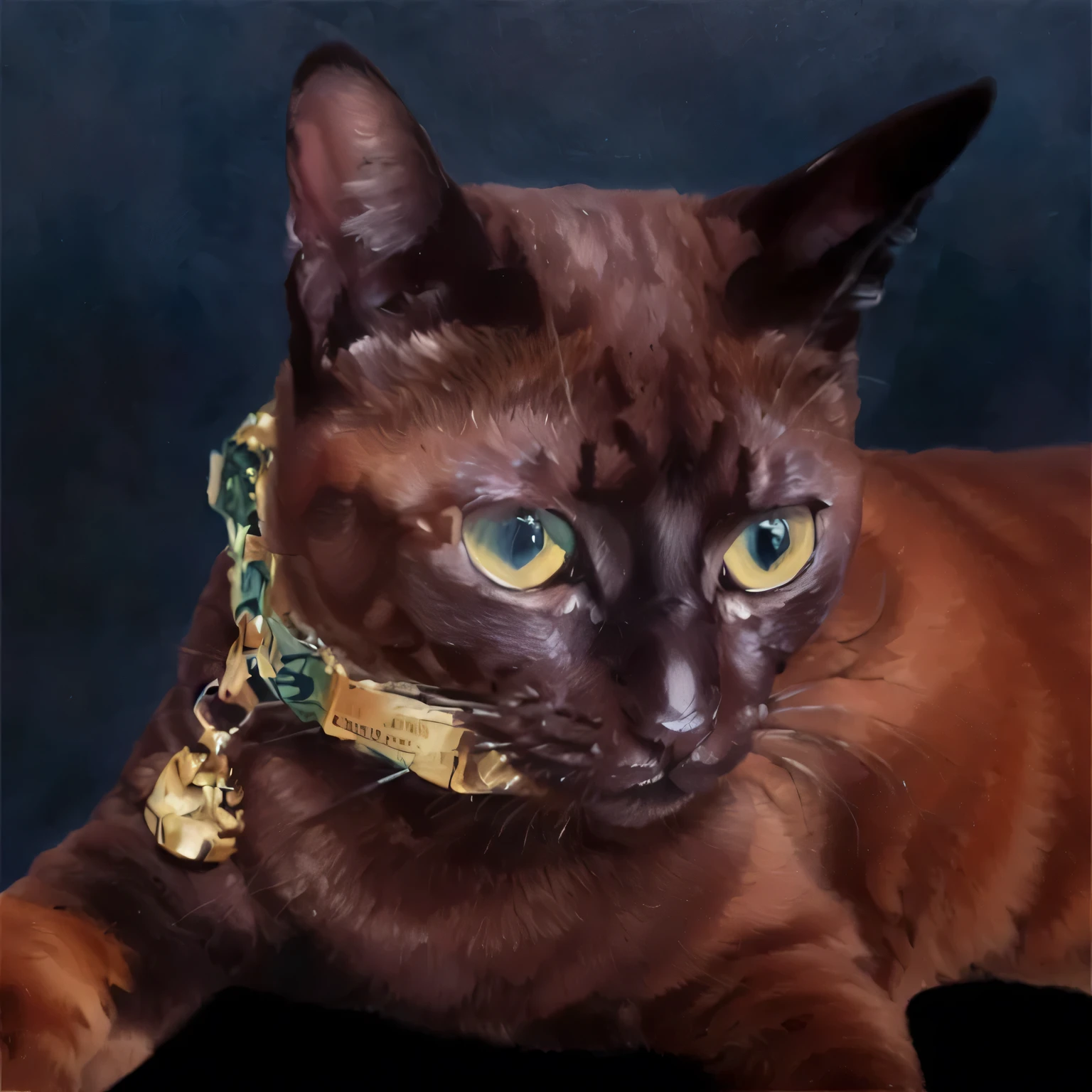(a painting by mse) (brush strokes) (masterpiece, best quality),there is a dark brown that is laying down with a tag on it's Mint green collar,aesthetic siamese cat, very beautiful, glamour shot, amber, photo of a cat, cat, detailed portrait shot, a cat, a beautiful, portrait,dark blue backdrop