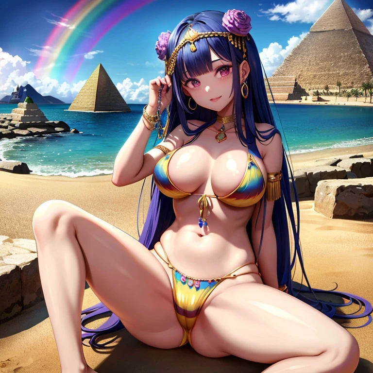 Cleopatra,A rainbow hangs over the blue sky,desert,pyramid,Interested々,Dacchuno,cute,Ai Fukuhara,Purple long hair,Large breasts,Less exposed skin