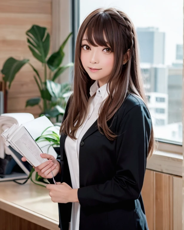 Purelos Face_v1:0.3, highest quality, Realistic, 8k, High resolution, Full Color, One girl, woman, 20 years old woman,, (Skin dents), (Portraiture:0.6), wood, Park bench, Dawn, ((Park Background:1.52)), Full Color, ((Office Shirt:1.68)), View your viewers:1.8,), (Long Hair, Brown Hair, Parted bangs:1.45), (Bokeh),