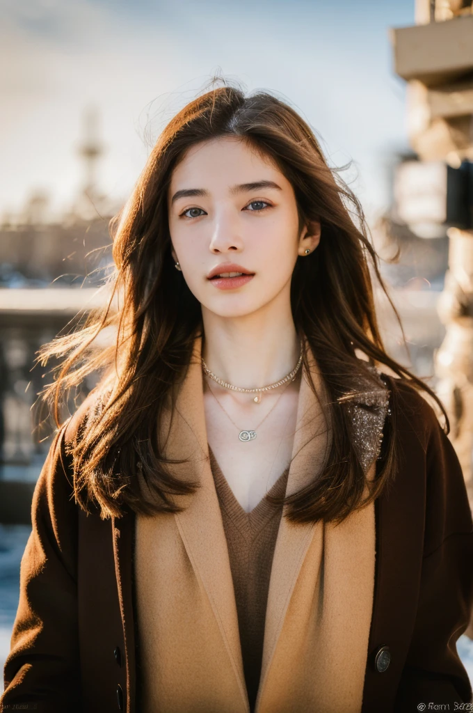 (masterpiece, top quality, best quality,8k,17 years old girl,ultra detailed,raw photo:1.5),(photorealistic:1.4),(cinematic lighting), PerfectNwsjMajic, , Surrealism, UHD, ccurate, Super detail, textured skin, High detail, Best quality, dynamic angle, (high nose,White skin),[Beautiful eyes],[flat chest:large breasts:0.5],(1girl),(good anatomy:0.5)), jewelry, necklace, realistic, brown hair, blurry background, blurran,paris,fashion,peoples in background, winter coat,dynamic pose, motion blur,Warm sun：1.7,Winter,snow,long hair