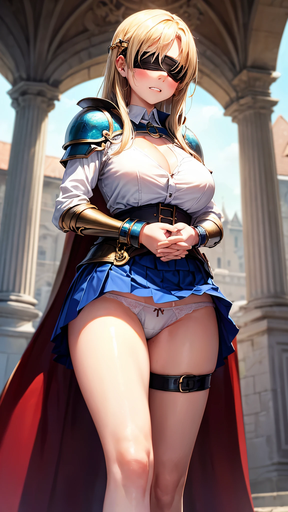best quality,1girl,((((:1.3)))))),((big breasts:1.3)),curvy,orgasm,blush,clenched teeth, sweat,blonde hair,long hair,((waist-cape armor,white shirt,blue skirt:1.3)),mini skirt,fantasy,((lift skirt,upskirt,lace panties,white panties:1.1)),kneehighs,castle,((open shirt)),((tied wrist, handcuffs,own hands clasped:1.3)), ((blindfold:1.1)),walking