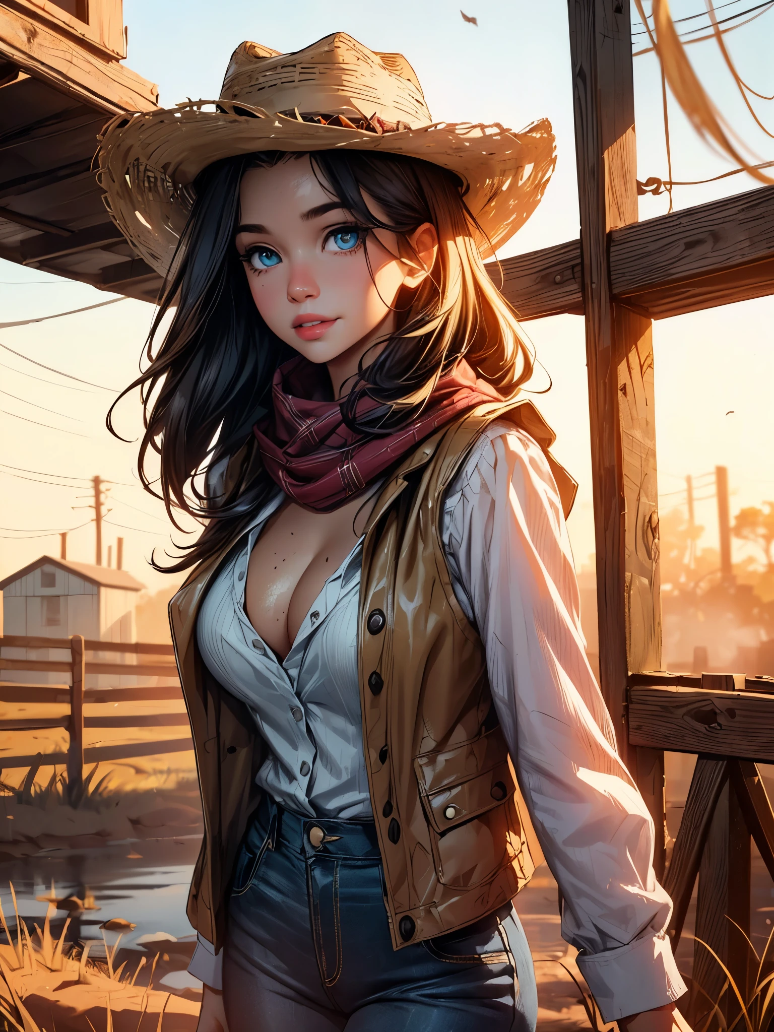 (best quality, ultra-detailed, realistic:1.37), outdoors, girl, muddy, beautiful detailed eyes, beautiful detailed lips, cowboy hat, fringed vest, pants, scarf, confident, mid-chest, dusty farm scenery, golden hour lighting, seductive smile, inviting pose, cleavage