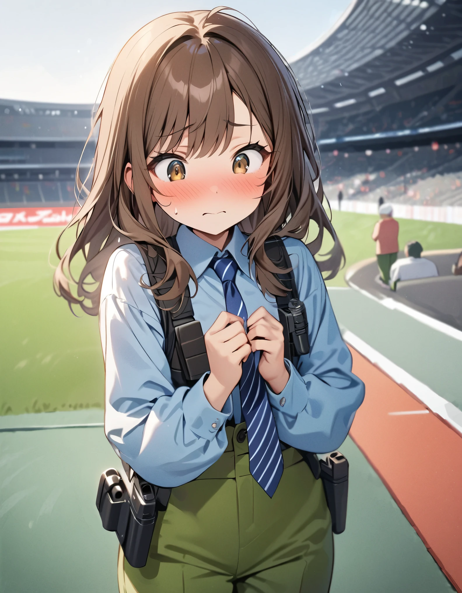 masterpiece, best quality, highres, 1girl, solo, solo focus, dark brown hair, long hair, hazel brown eyes, beautiful detailed eyes, beautiful detailed face, cute face, light blue shirt, long sleeves, shoulder holster, blue striped necktie, green pants, black shoes. blush, shy, klutzy, small sweatdrop on head. tokyo stadium backdrop, outdoors. using blaster rifle with two hands, trigger discipline. dodging green laser gunfire.