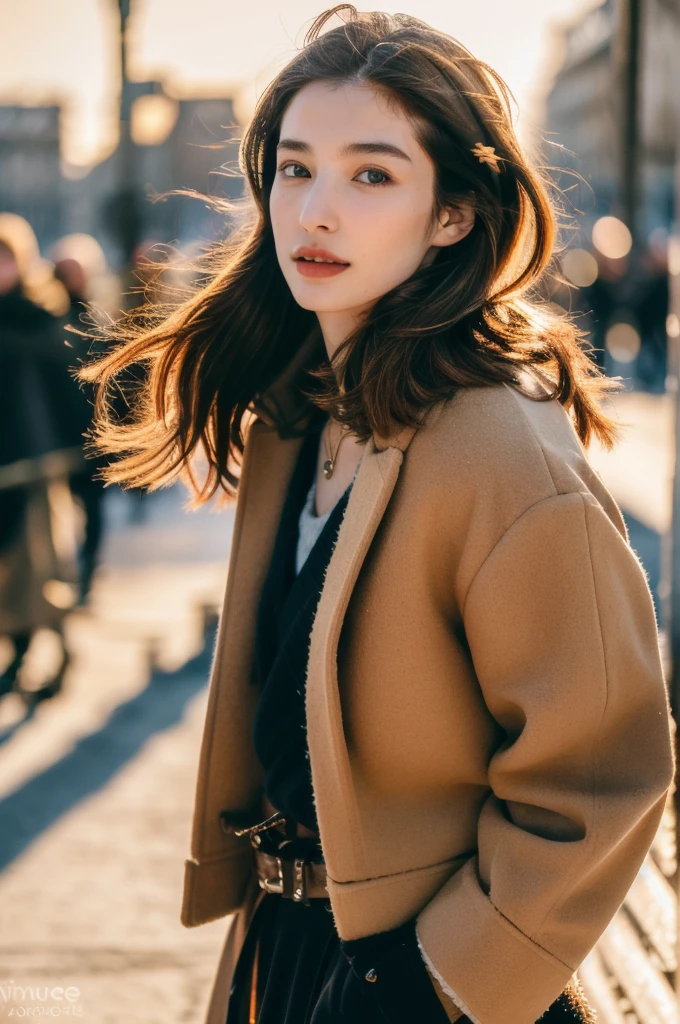 (masterpiece, top quality, best quality,8k,17 years old girl,ultra detailed,raw photo:1.5),(photorealistic:1.4),(cinematic lighting), PerfectNwsjMajic, , Surrealism, UHD, ccurate, Super detail, textured skin, High detail, Best quality, dynamic angle, (high nose,White skin),[Beautiful eyes],[flat chest:large breasts:0.5],(1girl),(good anatomy:0.5)), jewelry, necklace, realistic, brown hair, blurry background, blurran,paris,fashion,peoples in background, winter coat,dynamic pose, motion blur,Warm sun：1.7,Winter,snow,long hair