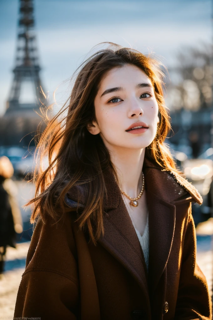 (masterpiece, top quality, best quality,8k, girl,ultra detailed,raw photo:1.5),(photorealistic:1.4),(cinematic lighting), PerfectNwsjMajic, , Surrealism, UHD, ccurate, Super detail, textured skin, High detail, Best quality, dynamic angle, (high nose,White skin),[Beautiful eyes],[flat chest:large breasts:0.5],(1girl),(good anatomy:0.5)), jewelry, necklace, realistic, brown hair, blurry background, blurran,paris,fashion,peoples in background, winter coat,dynamic pose, motion blur,Warm sun：1.7,Winter,snow,long hair