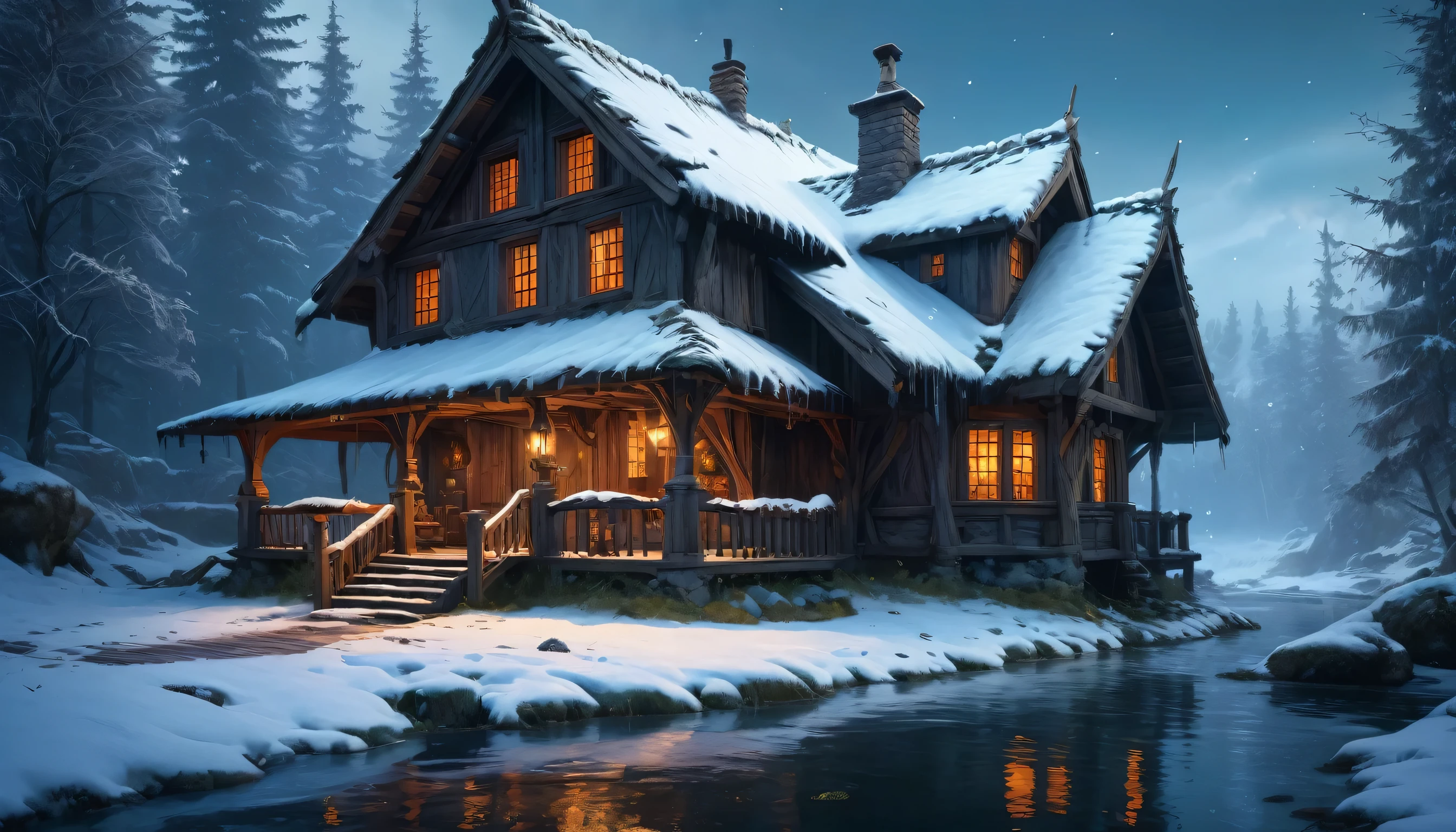 (by Greg Rutkowski: 1.2), (masterpiece), (best quality), extremely delicate and beautiful, illustration, vibrant colors, (fantasy landscape), A mesmerizing fantasy with enchanting elements blending seamlessly. (humble house, medieval, nordic style house, winter, cold hue, wild moose). HD. elegance. photorealism. Unreal engine. From Brian Froud and Carne Griffiths and Wadim Kashin and John William Waterhouse, 8K post-production, high resolution, hyperdetailed, depth of field, HDR, intricate