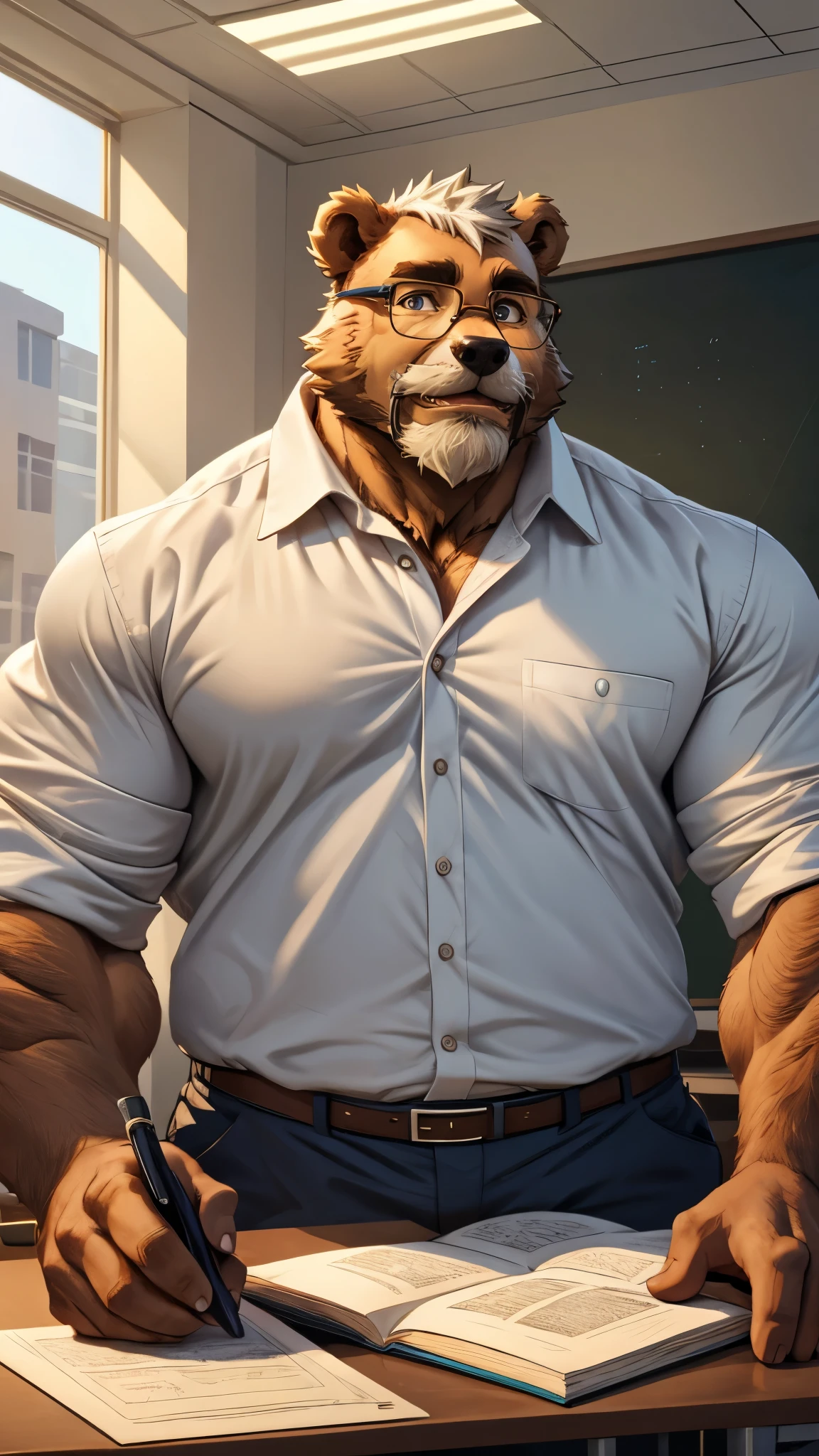 Huge Muscular Old man wearing shirt and glasses as teacher in class, (furry bear, an anthro, anthro), bearded, mustache, short white hair, halfbody, looking to viewer, masterpiece, high detailed, 8k, high resolution