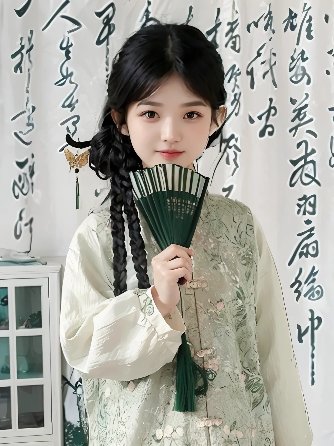 ((light green)), ((Depth of Field)), 6 years old, Image of a beautiful Chinese girl, Wearing Hanfu, masterpiece, best quality, A girl with pigtails,Black hair,Sweet and beautiful girl,Delicate facial detail texture,The face shape is smooth, smooth and natural,Very detailed faces,4 k,1girl,Chinese little girl,Princess