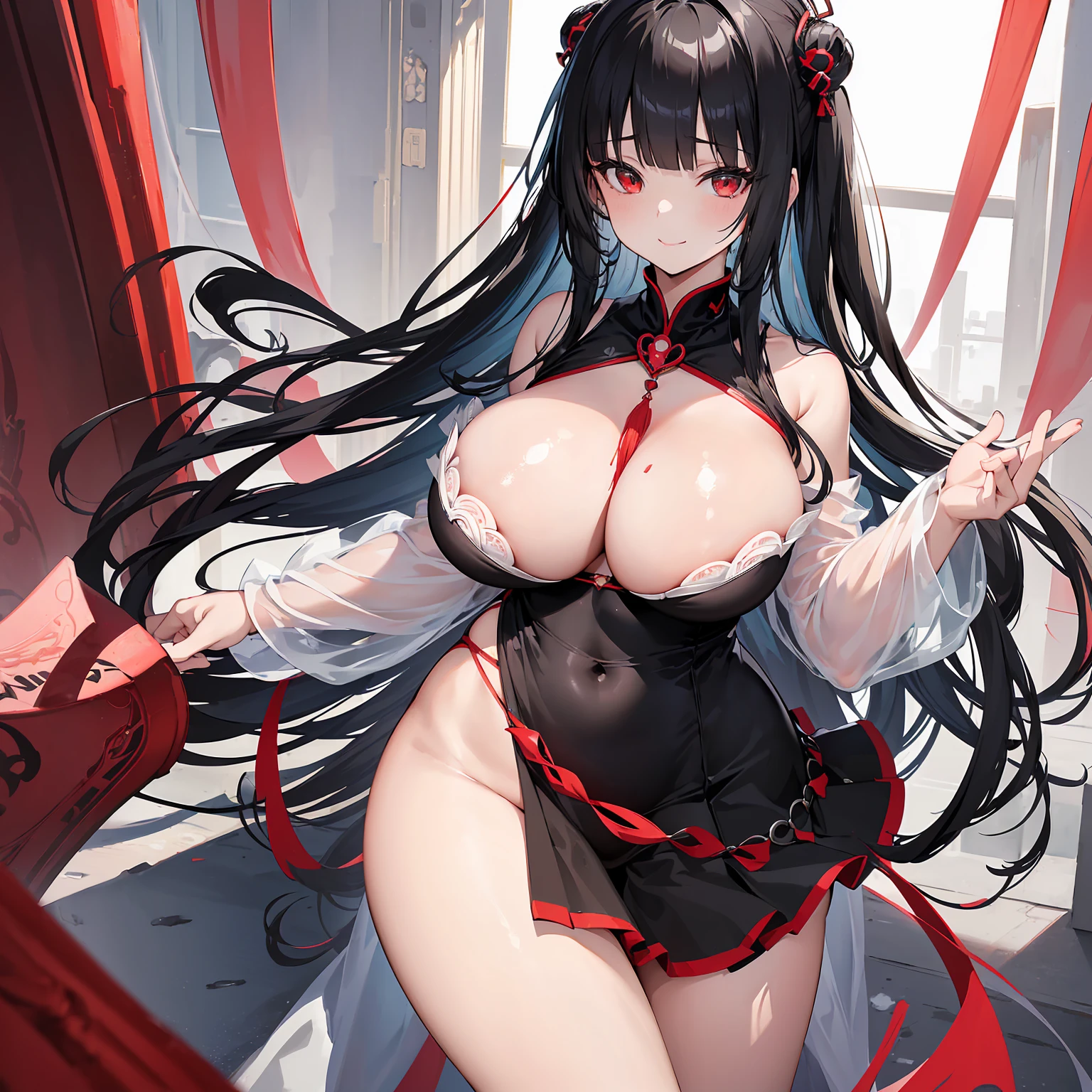 Expressive eyes, (((1 girl))), ((anime)), (Black Hair, ), ((Red eyes)),(Half closed eyes), ((very Big Breasts)), ((Firm breasts)), ((Exposed thighs)),((goddess,Angel))((Black Dress,See-through)), ((Big Breasts,and ass)), ((Blunt bangs)), ((white, Race)), ((In the temple)), Captivating smile, Princess Cut, Shiny Hair, (masterpiece), Anatomically Correct Art, Very detailed, Advanced Details, high quality, 最high quality, High resolution, 4K, 8k, ((mini skirt)),(((Captivating smile))),