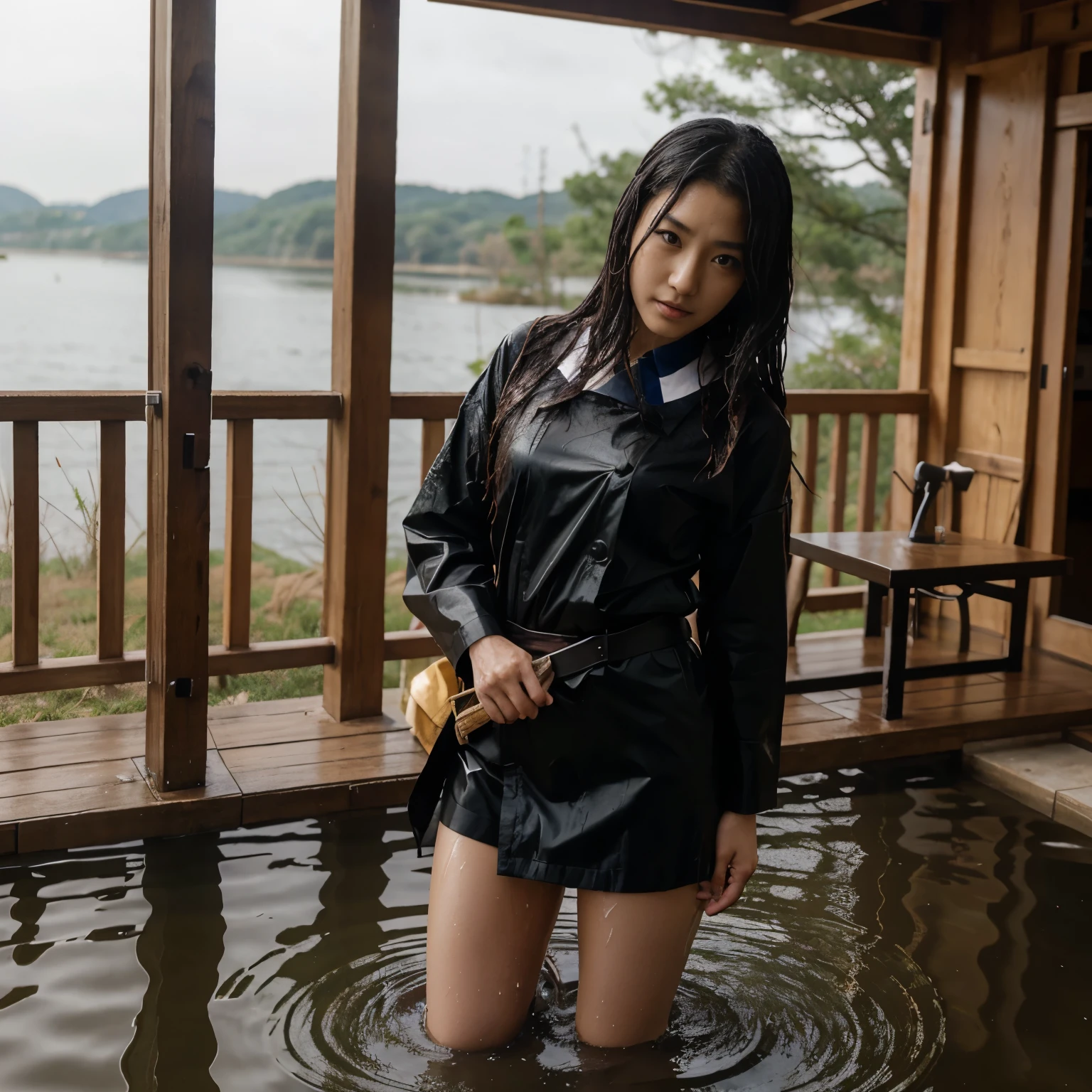 Kanroji Mitsuri, demon slayer uniform, wet hair, wet clothes, fell in lake