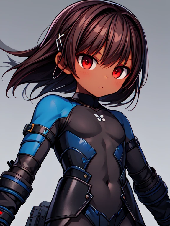 Dead or Alive Kasumi, Masterpiece High res, high definition, (((dark skin tone))),dark skin male, dark skin, cute shota,red eyes, black hairpin, brown hair, long dark brown hair, wearing a black exoskeleton,blue bodysuit,black exoskeleton ninja suit, blue design,