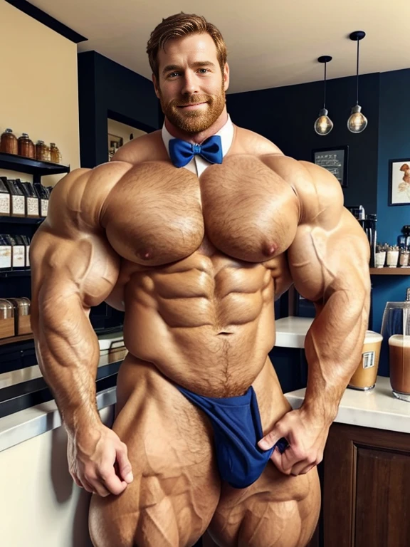 (1boy), (soft smile), tan skin, barista in a french cafe, wearing a bow tie and black jockstrap, daylight, drinking a cup of coffee, (muscular:1.5), ginger, (defined muscles:1.5), (beautiful:1.5), (handsome:1.4), (gorgeous:1.3), ginger, flexed chest, black apron, Armie Hammer with radiant blue eyes, hairy, muscle , unrealistically big crotch
