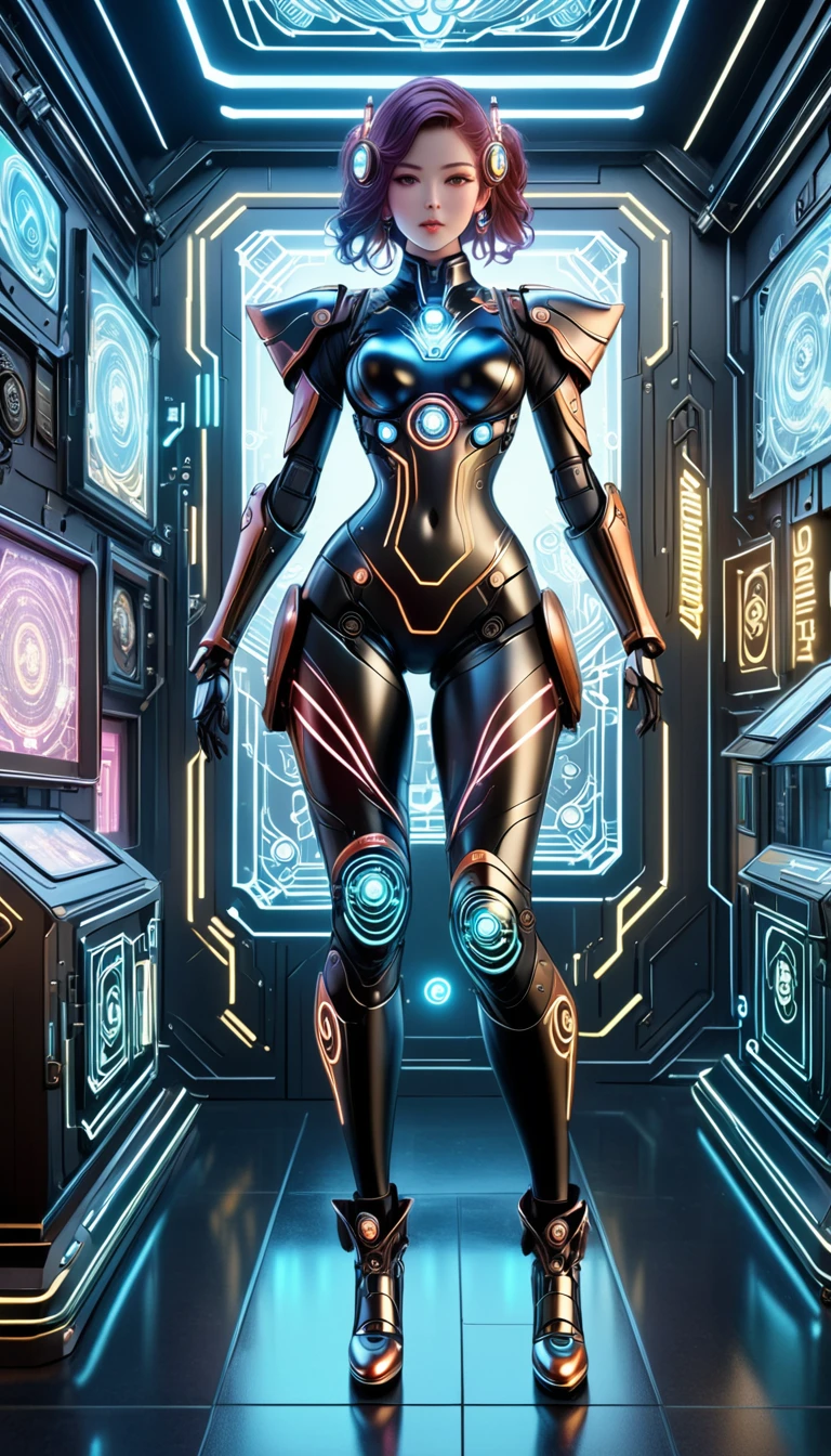 Beautiful female mecha, Translucent mech, Iridescent neon color wiring diagram and LEDs all over face and body, Photo frames and backgrounds mixed and fused with steampunk, Cyberpunk and Clockpunk, Background Analysis Room, (Full body shot), (Mechanical shoes:1.2), (Black laser stockings), Super Fine, Unbelievably ridiculous, Extremely detailed, Delicate and dynamic, Surrealism, rococo style, Cubist Futurism, Futurism, first-person view, pov, (anatomically correct), best quality, 8k, UHD, masterpiece, ccurate, textured skin, super detail, award winning, best quality