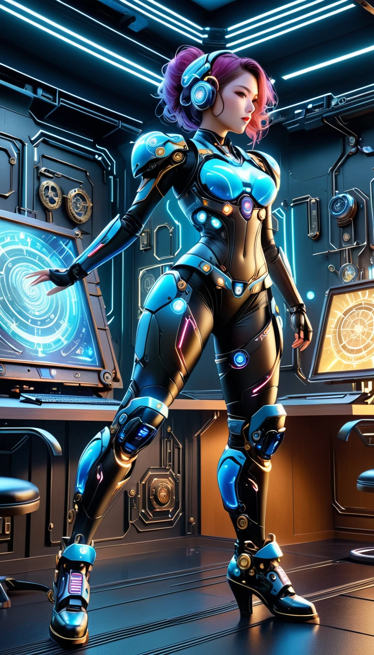 Beautiful female mecha, Translucent mech, Iridescent neon color wiring diagram and LEDs all over face and body, Photo frames and backgrounds mixed and fused with steampunk, Cyberpunk and Clockpunk, Background Analysis Room, (Full body shot), (Mechanical shoes:1.2), (Black laser stockings), Super Fine, Unbelievably ridiculous, Extremely detailed, Delicate and dynamic, Surrealism, rococo style, Cubist Futurism, Futurism, first-person view, pov, (anatomically correct), best quality, 8k, UHD, masterpiece, ccurate, textured skin, super detail, award winning, best quality