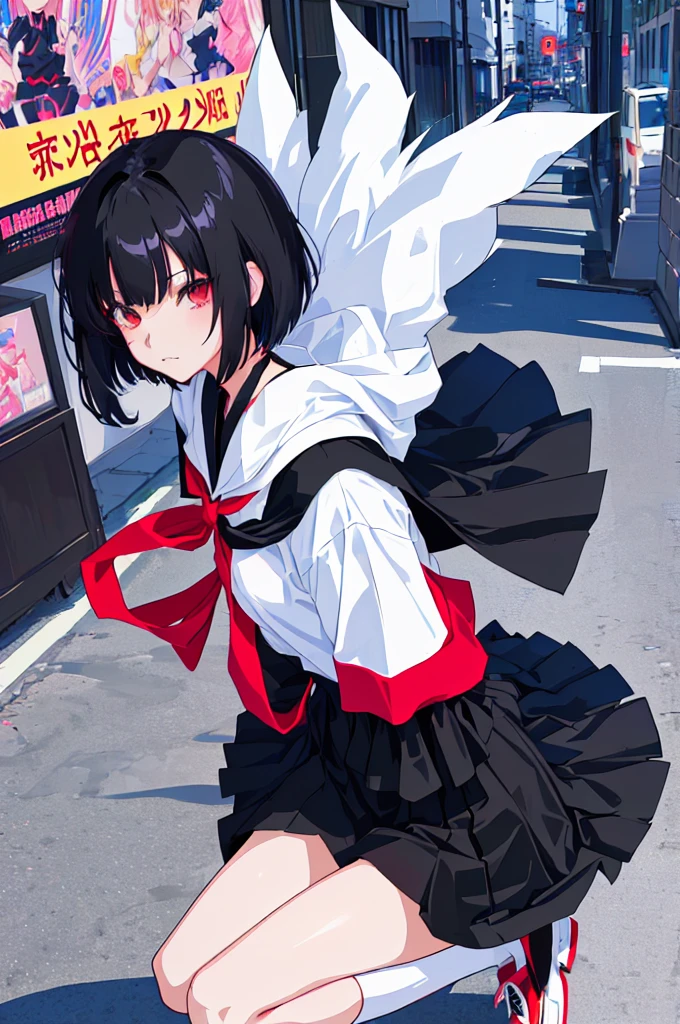 anime character Sukeban delinquent girl  standing on a city street corner in black seifuku with black very long skirt, anime style. 8k, anime style mixed with fujifilm, retro anime girl, anime styled digital art, in tokyo, anime style illustration, anime style 4 k, anime style artwork, anime poster film still portrait, tokyo anime scene, modern anime style, anime style digital art, short hair, 26year old, red converse,