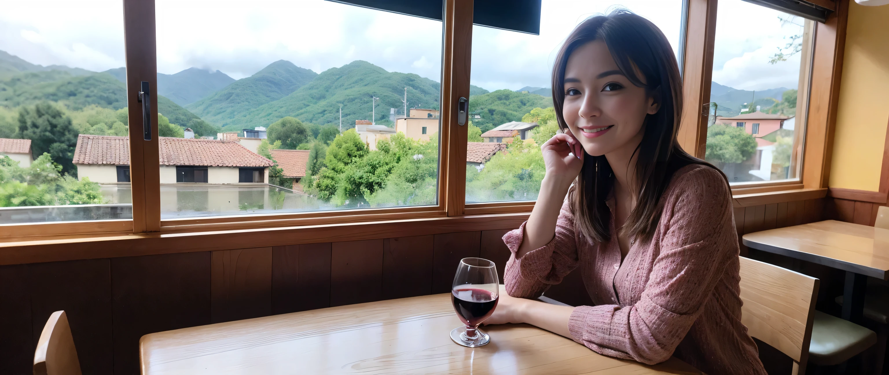 ((highest quality、8k、masterpiece:1.3))、Sharp focus:1.2、Beautiful woman perfect body:1.4、Slim body、((Bob Hale、Straight hair:1.2))、(to be born, highest quality, masterpiece:1.5), (Realistic, Intricate details:1.2), Wine glass on the table、shine a light on your face、 Amazing view of the sunset sky and clouds、Amazing mountain views、A bright smile、A lovely woman with a smile、Bright image、2. The beauty of wine, Beautiful Face, blue eyes, The light shines on your face, Blushing, short hair,Bright Face、Fox face、 (36 years old), 39 years old, Lady、red wine 、Appetizers、Italian food、Wine bottle、Champagne、sparkling wine、Two beauties、Brown Hair、Shortcuts、Long sleeve shirt、dress、Pretty Woman 1, (Slim face), (The body is slim), (Brown Hair), (Shortcuts), cheeks turn a little red,Attractive beauty、, Out of the window, A beautiful and detailed night view unfolds.........., restaurant, In a prominent place (From the waist up) Nova Frog Style, actress, model, Upper Body, White wine, slim, wine glass, A wine glass placed in the middle, smile, (smile: 1.15), Beautiful fine grain, Depth f/2,saturation, High Contrast, Strong light and shadow,Moist Body:1.5、3D texture、Delicate eyes、Brown Hair、The hair is very shiny、