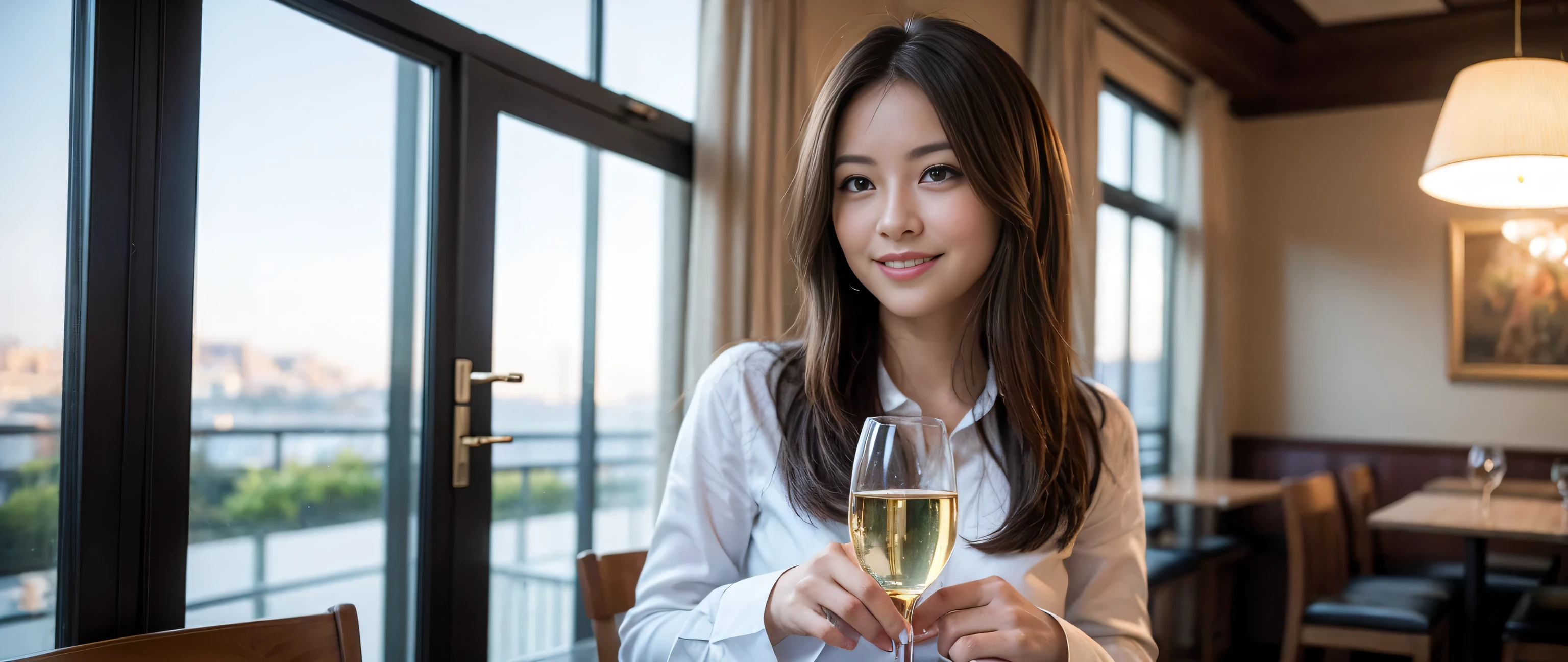 ((highest quality、8k、masterpiece:1.3))、Sharp focus:1.2、Beautiful woman perfect body:1.4、Slim body、((Bob Hale、Straight hair:1.2))、(to be born, highest quality, masterpiece:1.5), (Realistic, Intricate details:1.2), Wine glass on the table、shine a light on your face、 Amazing view of the sunset sky and clouds、Amazing mountain views、A bright smile、A lovely woman with a smile、Bright image、2. The beauty of wine, Beautiful Face, blue eyes, The light shines on your face, Blushing, short hair,Bright Face、Fox face、 (36 years old), 39 years old, Lady、red wine 、Appetizers、Italian food、Wine bottle、Champagne、sparkling wine、Two beauties、Brown Hair、Shortcuts、Long sleeve shirt、dress、Pretty Woman 1, (Slim face), (The body is slim), (Brown Hair), (Shortcuts), cheeks turn a little red,Attractive beauty、, Out of the window, A beautiful and detailed night view unfolds.........., restaurant, In a prominent place (From the waist up) Nova Frog Style, actress, model, Upper Body, White wine, slim, wine glass, A wine glass placed in the middle, smile, (smile: 1.15), Beautiful fine grain, Depth f/2,saturation, High Contrast, Strong light and shadow,Moist Body:1.5、3D texture、Delicate eyes、Brown Hair、The hair is very shiny、