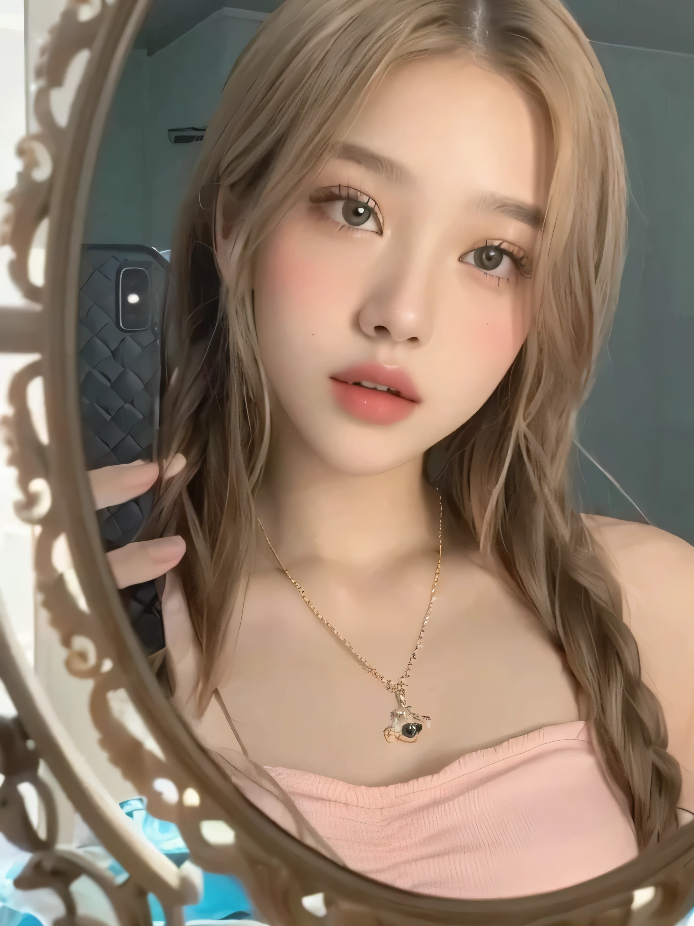 Araffe girl with long hair looking in a mirror., 19 year old girl, 🤤 girl portrait, 8k selfie photography, ella tiene una cara linda, Lalisa Manobal, chica joven y linda, ulzzang, Yanjun Chengt, 18 years, muy hermosa linda catgirl, ruan cute vtuber, hermoso brillo detallado 