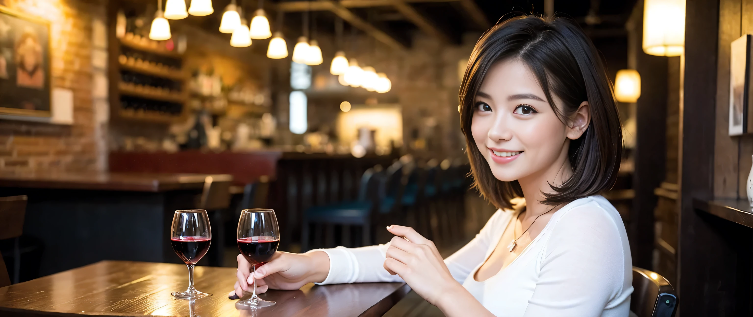 ((highest quality、8k、masterpiece:1.3))、Sharp focus:1.2、Beautiful woman perfect body:1.4、Slim body、((Bob Hale、Straight hair:1.2))、(to be born, highest quality, masterpiece:1.5), (Realistic, Intricate details:1.2), Wine glass on the table、shine a light on your face、 Amazing view of the sunset sky and clouds、Amazing mountain views、A bright smile、A lovely woman with a smile、Bright image、2. The beauty of wine, Beautiful Face, blue eyes, The light shines on your face, Blushing, short hair,Bright Face、Fox face、 (43 years old), 39 years old, Lady、red wine 、Appetizers、Italian food、Wine bottle、Champagne、sparkling wine、Two beauties、Brown Hair、Shortcuts、Long sleeve shirt、dress、Pretty Woman 1, (Slim face), (The body is slim), (Brown Hair), (Shortcuts), cheeks turn a little red,Attractive beauty、, Out of the window, A beautiful and detailed night view unfolds.........., restaurant, In a prominent place (From the waist up) Nova Frog Style, actress, model, Upper Body, White wine, slim, wine glass, A wine glass placed in the middle, smile, (smile: 1.15), Beautiful fine grain, Depth f/2,saturation, High Contrast, Strong light and shadow,Moist Body:1.5、3D texture、Delicate eyes、Brown Hair、The hair is very shiny、