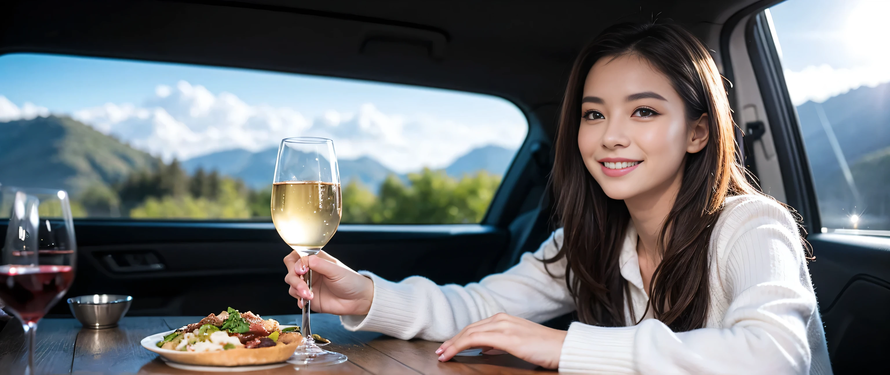 ((highest quality、8k、masterpiece:1.3))、Sharp focus:1.2、Beautiful woman perfect body:1.4、Slim body、((Bob Hale、Straight hair:1.2))、(to be born, highest quality, masterpiece:1.5), (Realistic, Intricate details:1.2), Wine glass on the table、shine a light on your face、 Amazing view of the sunset sky and clouds、Amazing mountain views、A bright smile、A lovely woman with a smile、Bright image、2. The beauty of wine, Beautiful Face, blue eyes, The light shines on your face, Blushing, short hair,Bright Face、Fox face、 (43 years old), 39 years old, Lady、red wine 、Appetizers、Italian food、Wine bottle、Champagne、sparkling wine、Two beauties、Brown Hair、Shortcuts、Long sleeve shirt、dress、Pretty Woman 1, (Slim face), (The body is slim), (Brown Hair), (Shortcuts), cheeks turn a little red,Attractive beauty、, Out of the window, A beautiful and detailed night view unfolds.........., restaurant, In a prominent place (From the waist up) Nova Frog Style, actress, model, Upper Body, White wine, slim, wine glass, A wine glass placed in the middle, smile, (smile: 1.15), Beautiful fine grain, Depth f/2,saturation, High Contrast, Strong light and shadow,Moist Body:1.5、3D texture、Delicate eyes、Brown Hair、The hair is very shiny、