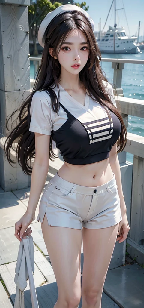 Alafi woman by the sea,Pure,Black silk pleated skirt,white shirt,Black silk is worn on the legs,Elongated legs,2 2 years old,thicc,She was about 26 years old,Height 170 cm,korean people,Delicate face,realisticlying,Japan High Cold Goddess,Large breasts,Black stockings,Hand optimization,