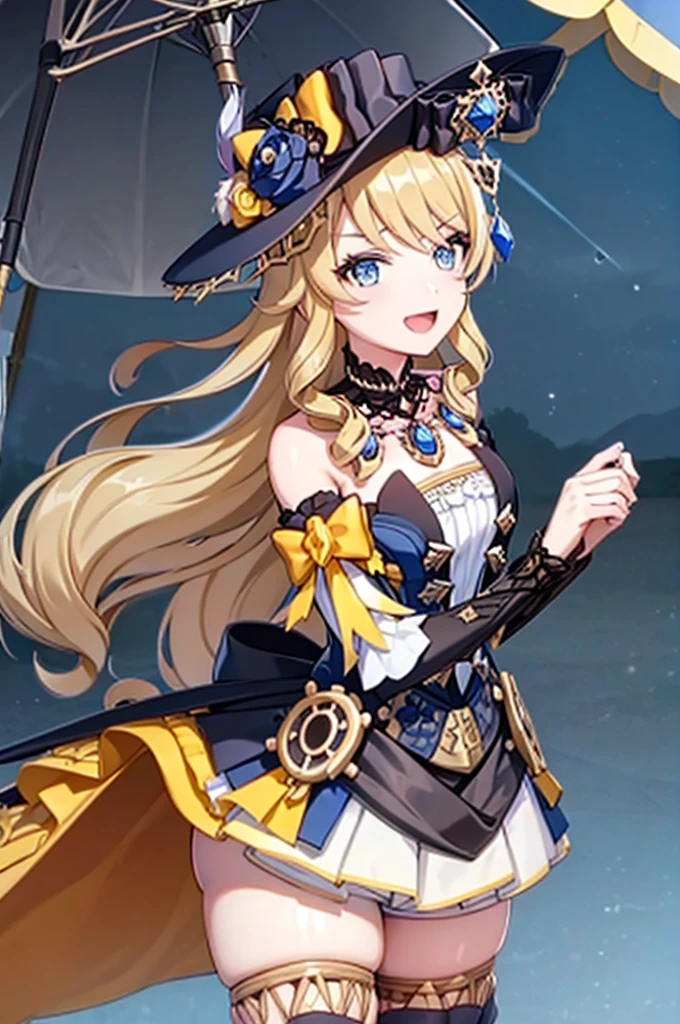 navia_gi, looking at viewer, smile, open mouth, skirt, thighhighs, gloves, hat, dress, holding, bare shoulders, standing, :d, outdoors, detached sleeves, sky, day, cloud, blue sky, umbrella, garter straps, drill hair, brown gloves, water drop, holding umbrella, brown headwear, rainbow