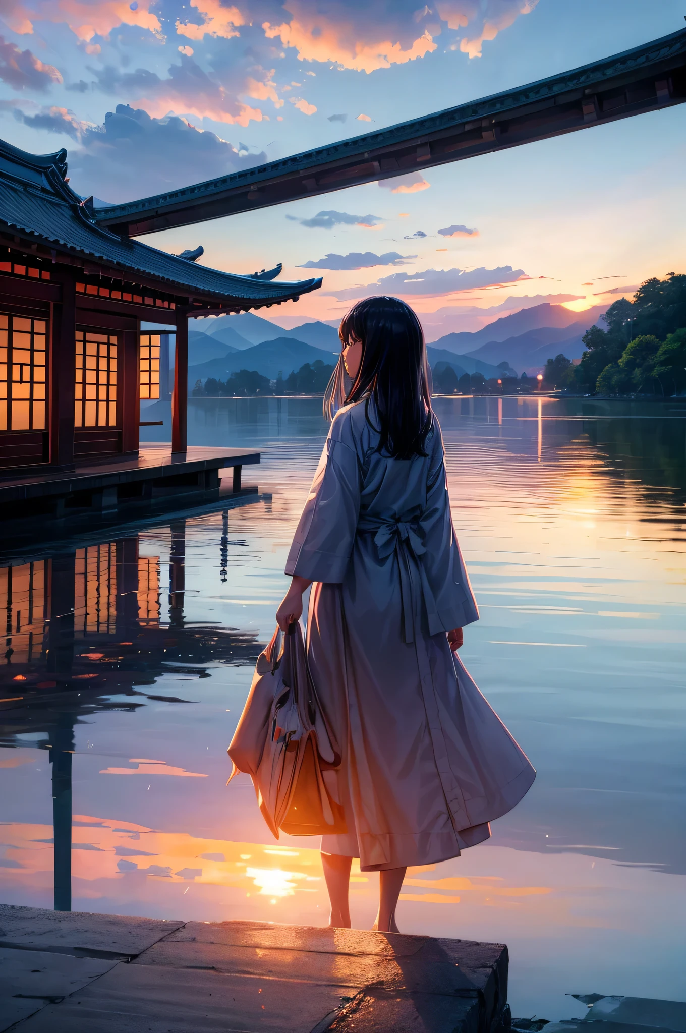 SFW, 1 Girl, Focus only, View, Very wide-angle lens, landscape, East Asian Architecture, Sunlight, sunrise, floating, cloud, Sky, rain, water, whole body, outdoor, landscape, Depth of Field