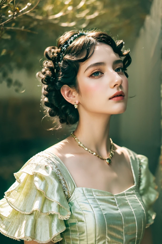 ( masterpiece, top quality, best quality,8k, girl,ultra detailed,raw photo:1.5),(photorealistic:1.4),(cinematic lighting), PerfectNwsjMajic, , Surrealism, UHD, ccurate, Super detail, textured skin, High detail, Best quality, dynamic angle, (high nose,White skin),[Beautiful blue eyes],(1girl),(good anatomy:0.5)), a woman in a dress, rococo queen, rococo fashion, rococo style portrait,rococo dress, rococo cyberpunk, No estilo de arte de Bowater, Senhora Vitoriana, Dreamy atmosphere,expressive brush strokes, mystical ambiance, Artistic interpretation, a whimsical illustration, Subtle colors and tones, face, (pin curls hairstyle), Palace 