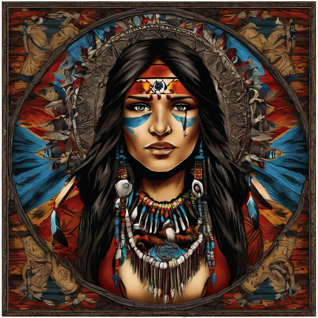 Half Cherokee Indian, Half Irish , Beautiful Woman, black long hair,  bold blue eyes , surround by indian artifacts and items, dream catchers,  arrow heads , colorful,  detailed,  depth, artistic 