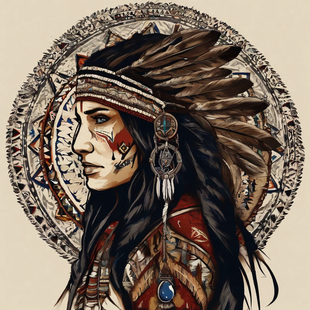 Half Cherokee Indian, Half Irish , Beautiful Woman, black long hair, bold blue eyes , surround by indian artifacts and items, dream catchers, arrow heads , colorful, detailed, depth, artistic