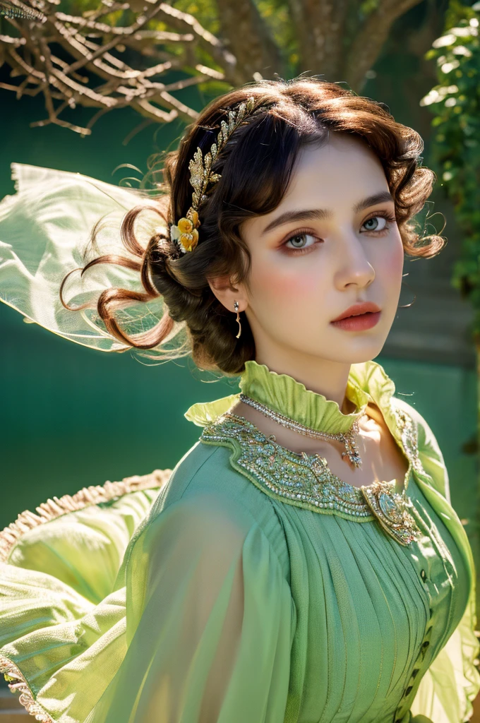 ( masterpiece, top quality, best quality,8k,17 years old girl,ultra detailed,raw photo:1.5),(photorealistic:1.4),(cinematic lighting), PerfectNwsjMajic, , Surrealism, UHD, ccurate, Super detail, textured skin, High detail, Best quality, dynamic angle, (high nose,White skin),[Beautiful blue eyes],(1girl),(good anatomy:0.5)), a woman in a dress, rococo queen, rococo fashion, rococo style portrait,rococo dress, rococo cyberpunk, No estilo de arte de Bowater, Senhora Vitoriana, Dreamy atmosphere,expressive brush strokes, mystical ambiance, Artistic interpretation, a whimsical illustration, Subtle colors and tones, sunny,face, (pin curls hairstyle), Palace 