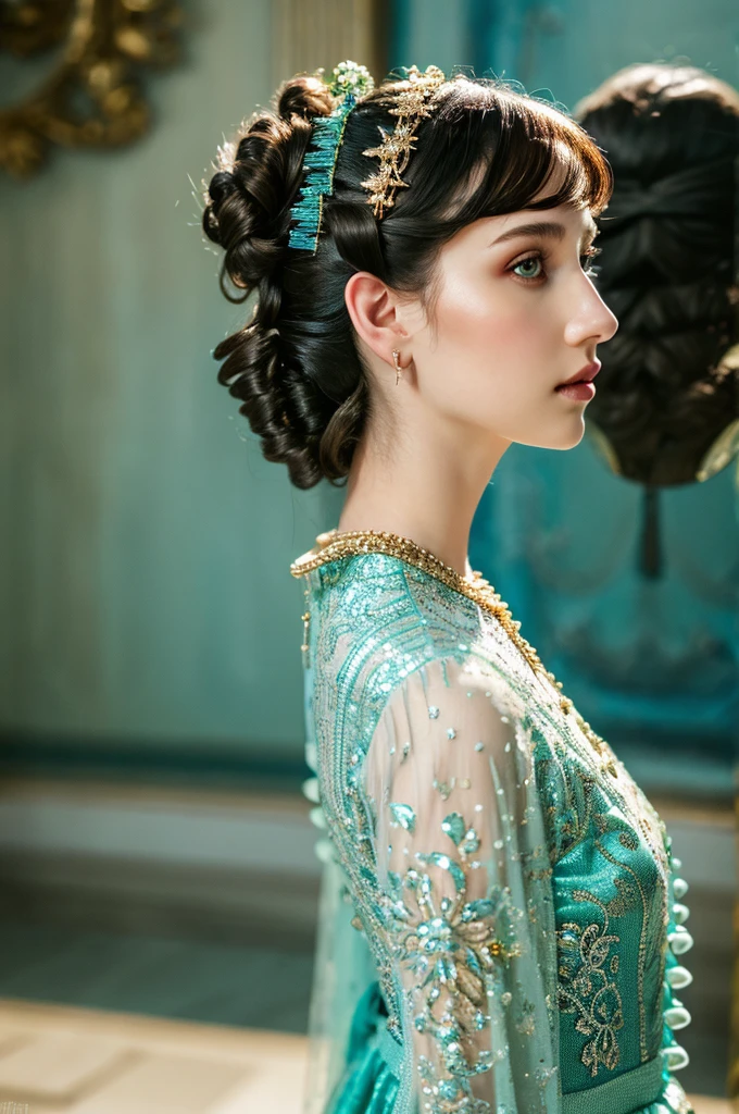 ( masterpiece, top quality, best quality,8k,17 years old girl,ultra detailed,raw photo:1.5),(photorealistic:1.4),(cinematic lighting), PerfectNwsjMajic, , Surrealism, UHD, ccurate, Super detail, textured skin, High detail, Best quality, dynamic angle, (high nose,White skin),[Beautiful blue eyes],(1girl),(good anatomy:0.5)), a woman in a dress, rococo queen, rococo fashion, rococo style portrait,rococo dress, rococo cyberpunk, No estilo de arte de Bowater, Senhora Vitoriana, Dreamy atmosphere,expressive brush strokes, mystical ambiance, Artistic interpretation, a whimsical illustration, Subtle colors and tones, sunny,face, (pin curls hairstyle), Palace 